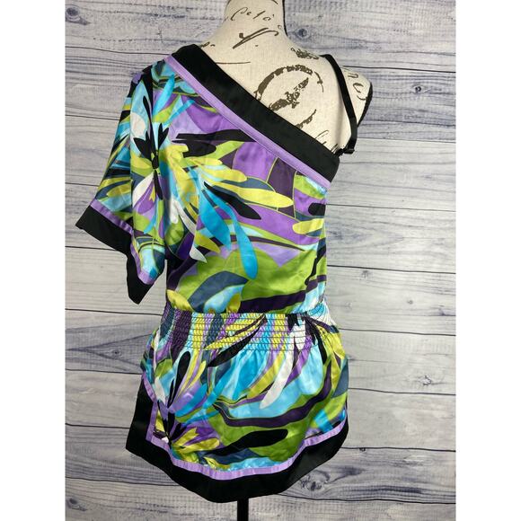 Iz Byer One Shoulder Blouson Top Womens S Smock Waist Side Slits Colorful Tunic - Picture 4 of 12
